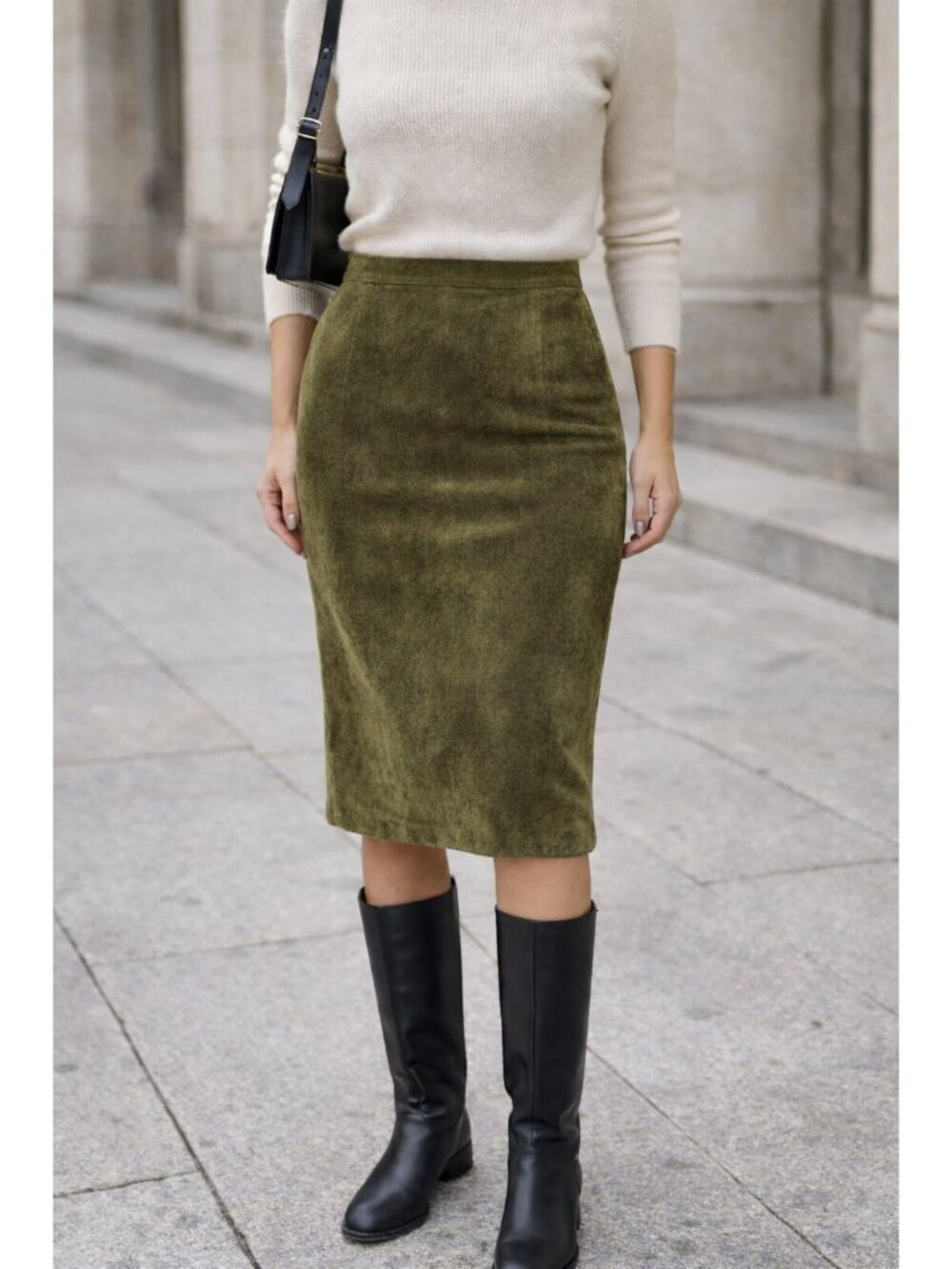 Vintage Suede Leather Pencil Skirt Olive Green Midi Women Size 16 High Waist
